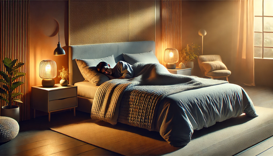 Calm bedroom scene with a person sleeping under a comfortable blanket, highlighting sleep serenity.