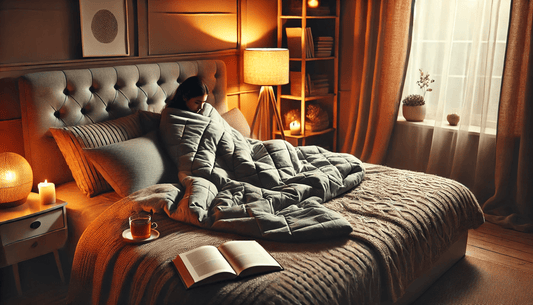 Cozy bedroom scene with a woman wrapped in a blanket, surrounded by soft lighting and a warm atmosphere.