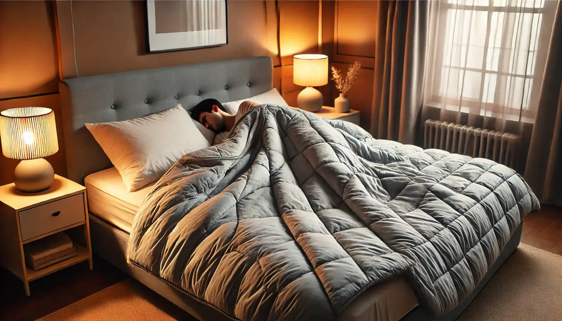 Man trying to sleep in bed under blanket