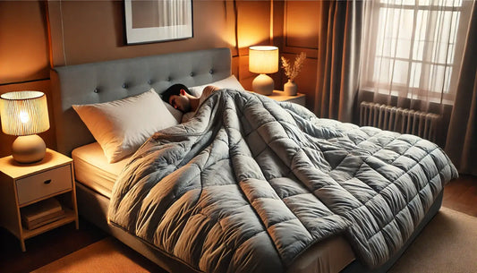 Man trying to sleep in bed under blanket