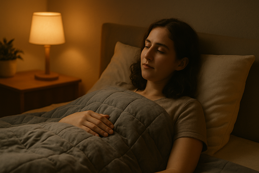 Young woman resting in bed with eyes closed, seeking relaxation and calm in a cozy, dimly lit bedroom.