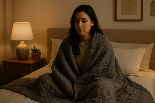A woman sitting on a bed wrapped in a gray blanket, looking contemplative in a softly lit room.