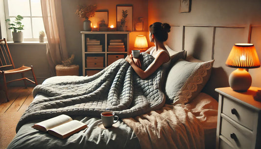 Woman relaxing in bed with a grey weighted blanket, a cup of tea, and a book, creating a calming bedtime routine.