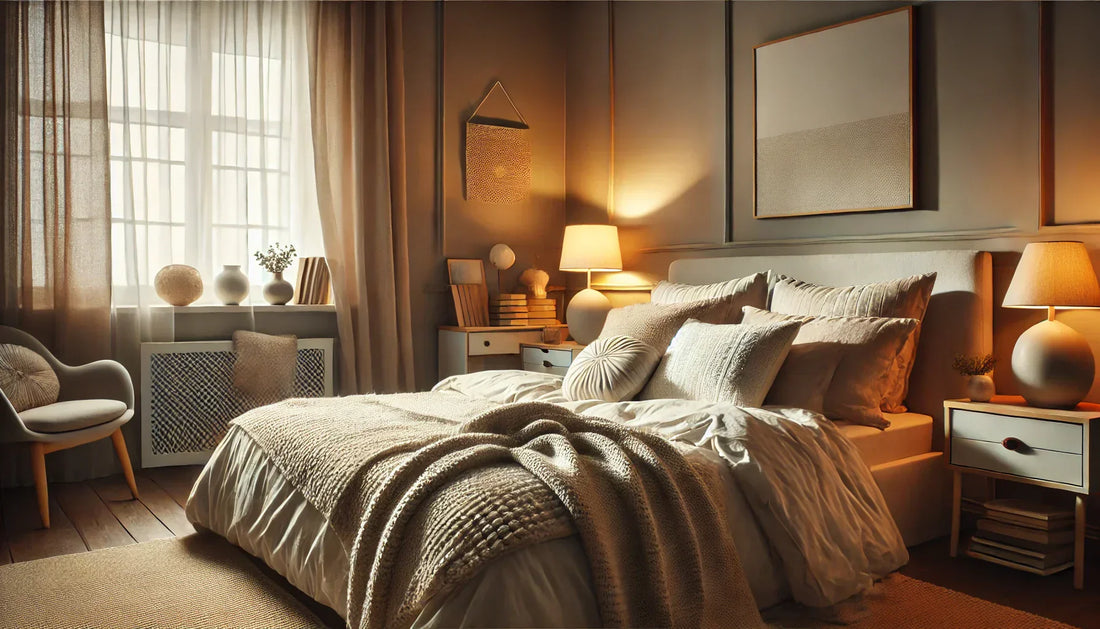 Cozy bedroom with soft lighting, neutral colors, and a comfortable bed, perfect for relaxation and restful sleep.