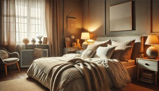 Cozy bedroom with soft lighting, neutral colors, and a comfortable bed, perfect for relaxation and restful sleep.