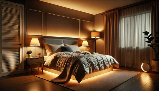 Cozy bedroom with soft lighting, featuring a neatly made bed, ideal for relaxation and sleep.