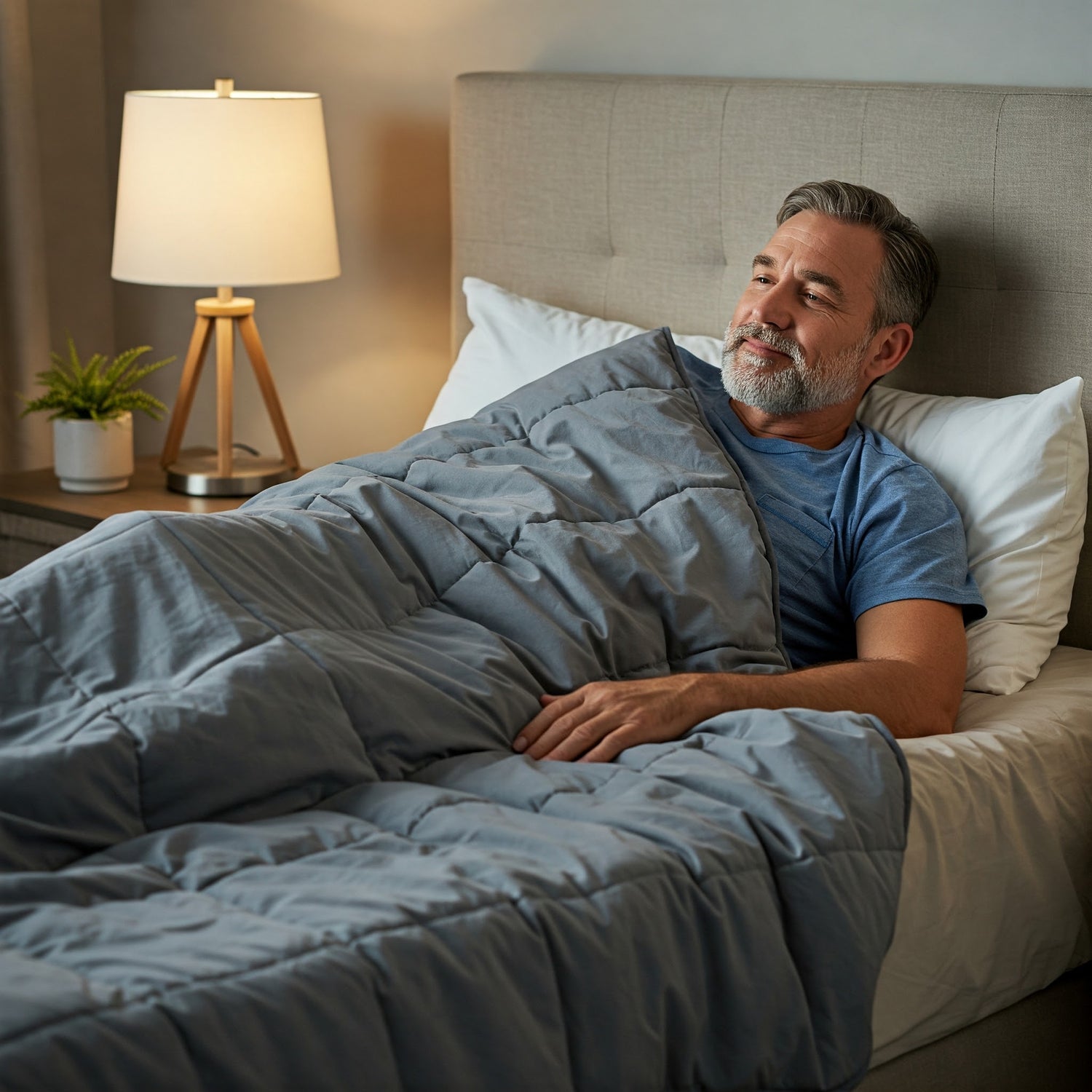 Man relaxing in bed showing the quality