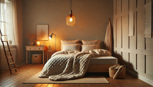 Cozy bedroom with a calming ambiance, featuring a premium weighted blanket and warm lighting for relaxation.