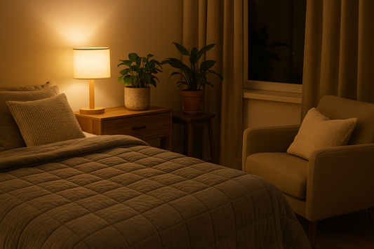Cozy bedroom with warm lighting, a plant, and a soft bed, promoting comfort and relaxation for better sleep.