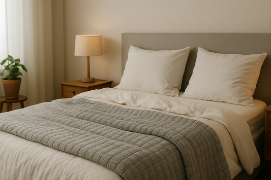Cozy bedroom with a grey weighted blanket on a neatly made bed, promoting relaxation and better sleep.
