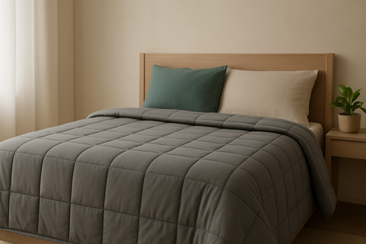 Cozy bed with gray quilt, green pillow, and plant, perfect for a structured, calming routine at home.