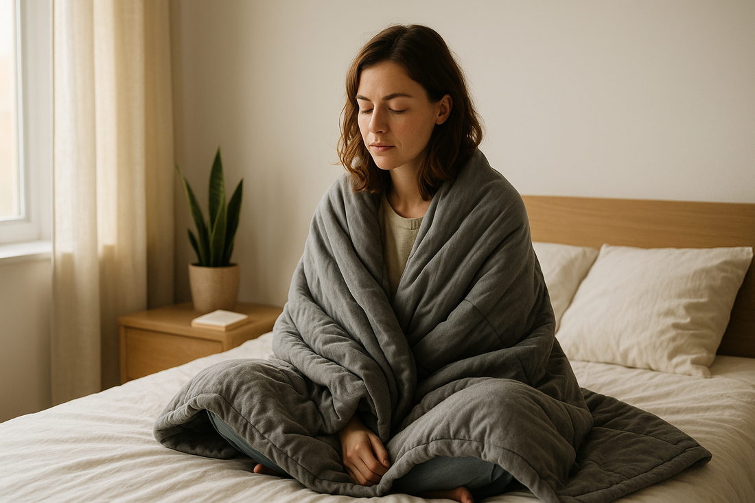 Woman sitting on bed wrapped in a gray weighted blanket, promoting relaxation and calmness.