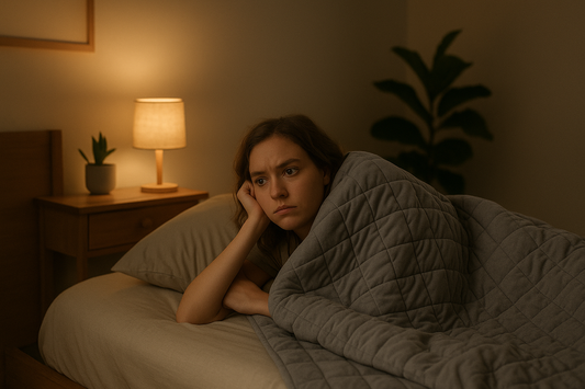 Young woman lying in bed, looking contemplative and anxious, wrapped in a blanket in a dimly lit room.