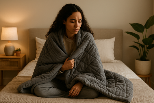 Woman sitting on bed wrapped in a gray blanket, looking thoughtful and reflective.
