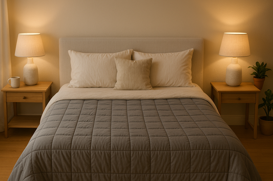 Cozy bedroom with a gray quilted bedspread, two bedside lamps, and decorative pillows on a light backdrop.