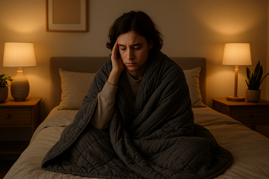 A person wrapped in a blanket looks pensive and distressed on a bedroom bed, with soft lighting around.