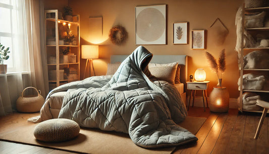 Cozy bedroom setup with soft quilt, warm lighting, and calming decor for a relaxing atmosphere.