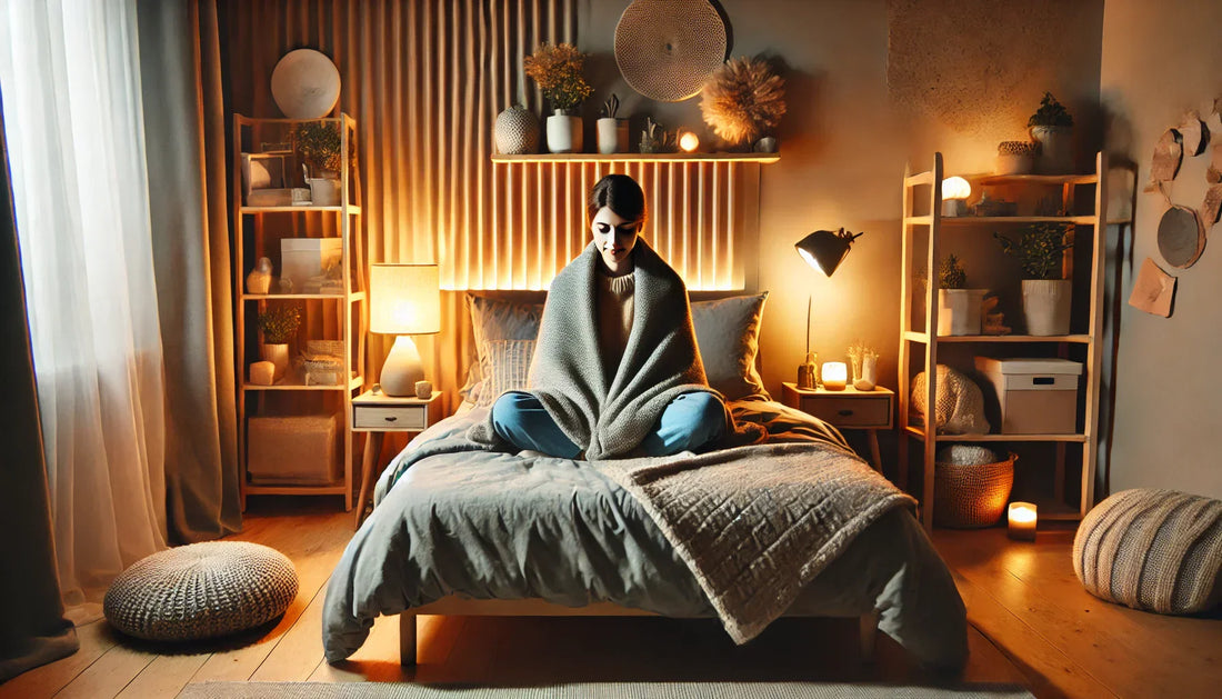 Person wrapped in a cozy blanket sitting on a bed, creating a serene atmosphere for relaxation and mindfulness.