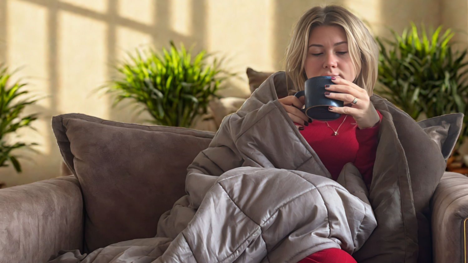 Young lady relaxing on couch with cup of tea and weighted blanket.