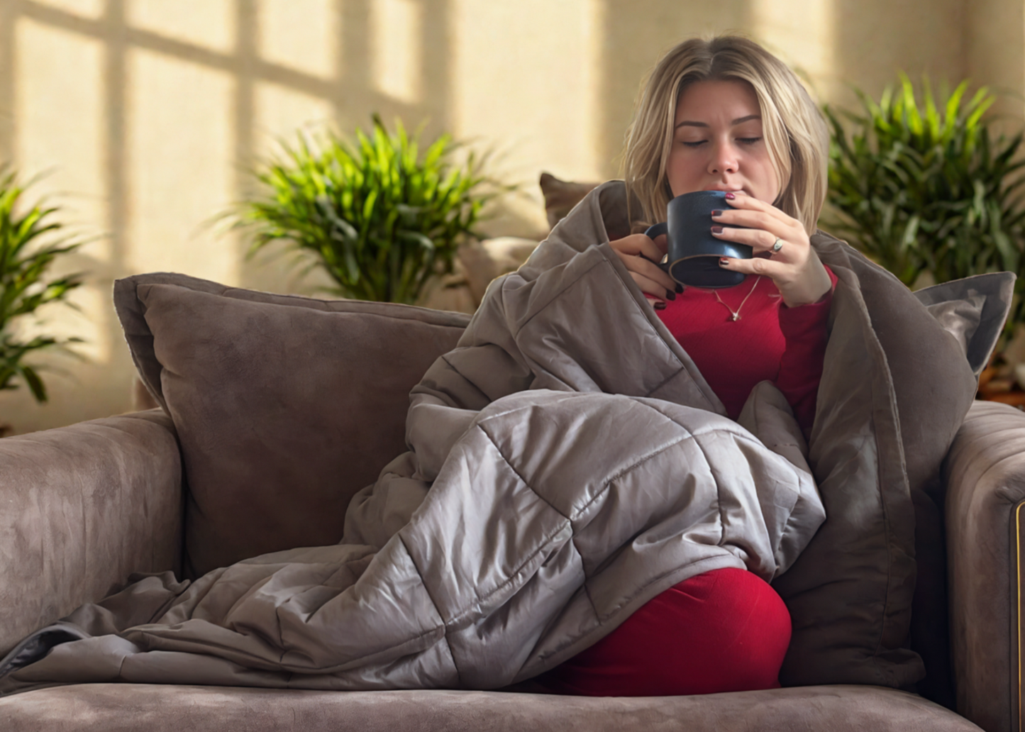 Woman relaxing on a couch with a grey premium weighted blanket, enjoying a cup of tea for stress relief and relaxation.