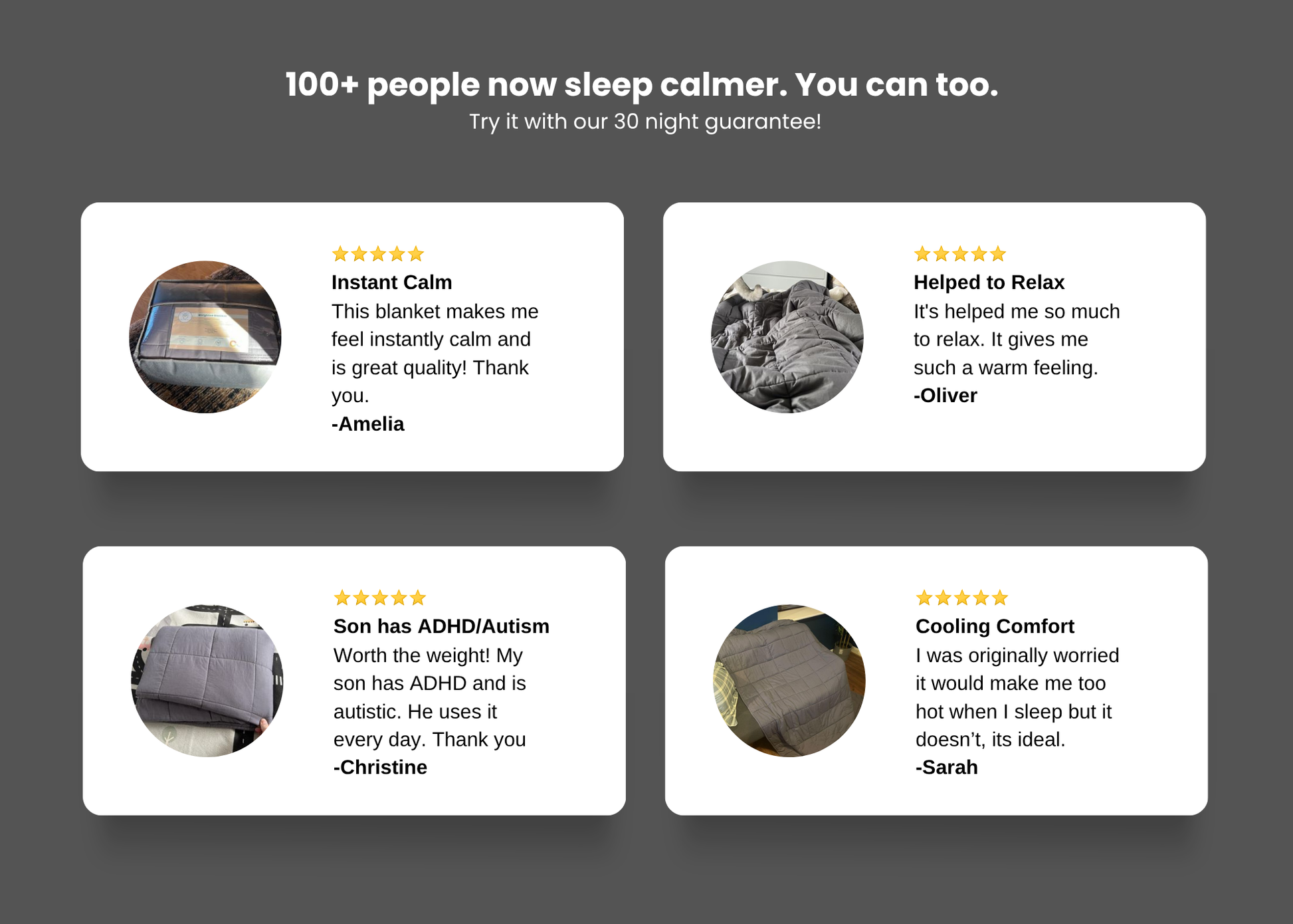 Customer testimonials for premium weighted blanket for ADHD, highlighting calming effects and comfort.