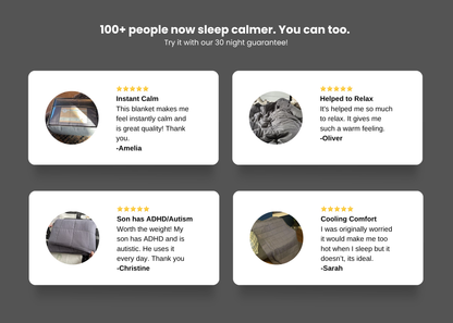 Customer testimonials for premium weighted blanket for ADHD, highlighting calming effects and comfort.