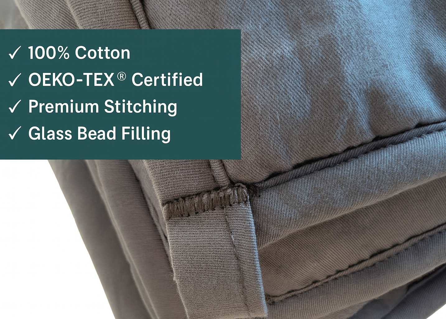 Close-up of premium weighted blanket showing 100% cotton, OEKO-TEX certification, and glass bead filling details.