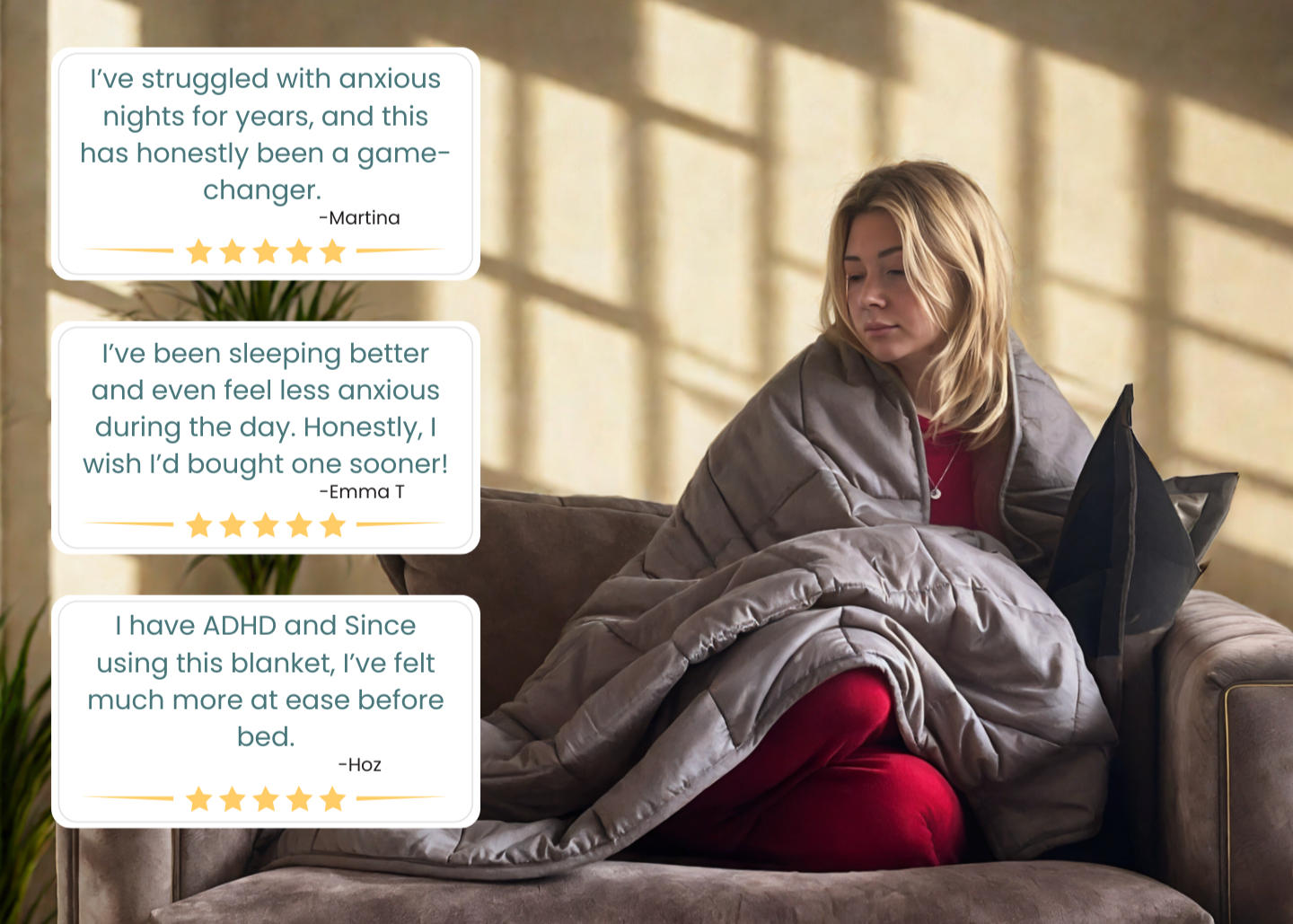 Customer testimonials on the effectiveness of a premium weighted blanket for ADHD and anxiety relief.